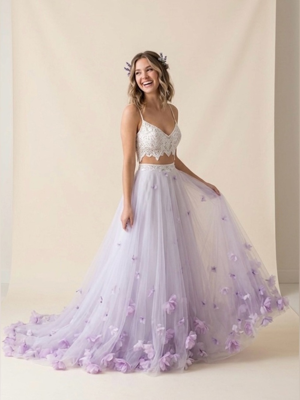 Elegant Light Ivory and Lavender Floral and Butterfly Gown